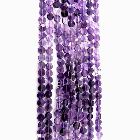 Real Amethyst Beads 9 Strands 14"  Long 6mm Faceted Puffed Flat Round Coin Shape - Picture 1 of 4